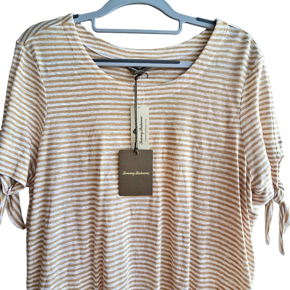NEW Tommy Bahama Belo Stripe Linen Tan & White Short Sleeve Tee Shirt Size M - Picture 2 of 9